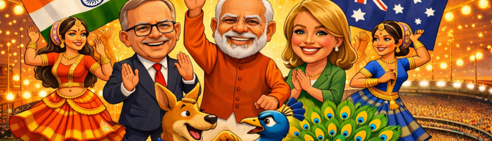 “Caricature of Modi, Albanese, and Jacinta Allan at a cultural event in Melbourne with Indian dancers, flags, kangaroo and peacock.