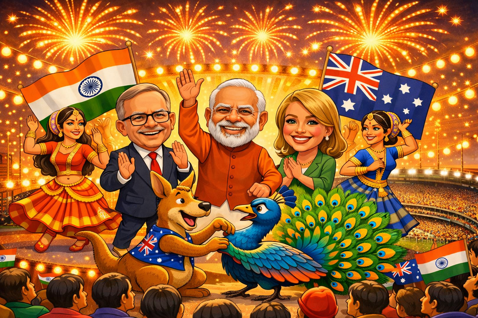 “Caricature of Modi, Albanese, and Jacinta Allan at a cultural event in Melbourne with Indian dancers, flags, kangaroo and peacock.