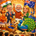 “Caricature of Modi, Albanese, and Jacinta Allan at a cultural event in Melbourne with Indian dancers, flags, kangaroo and peacock.