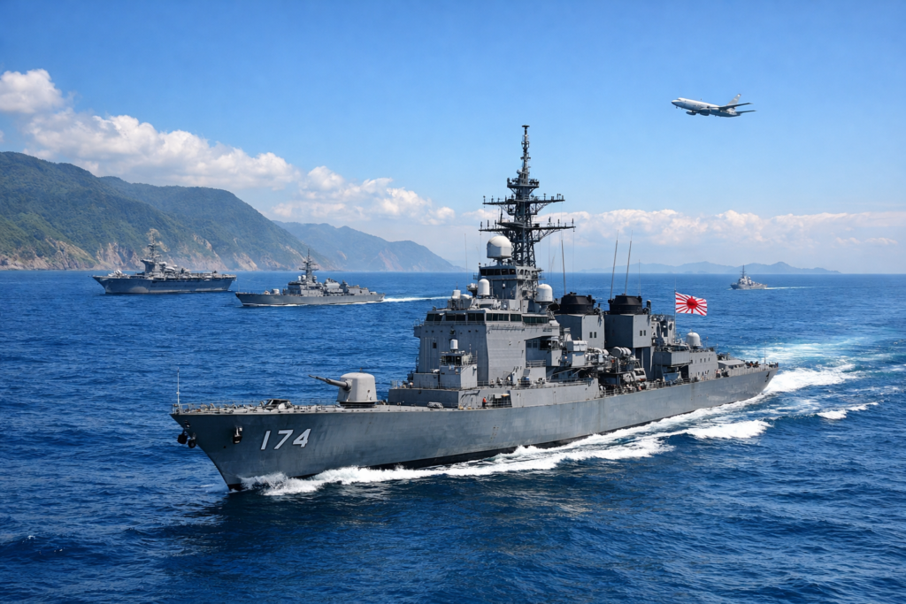 Japanese Maritime Self‑Defense Force destroyer sailing through the blue waters of the Taiwan Strait with allied vessels in the distance.